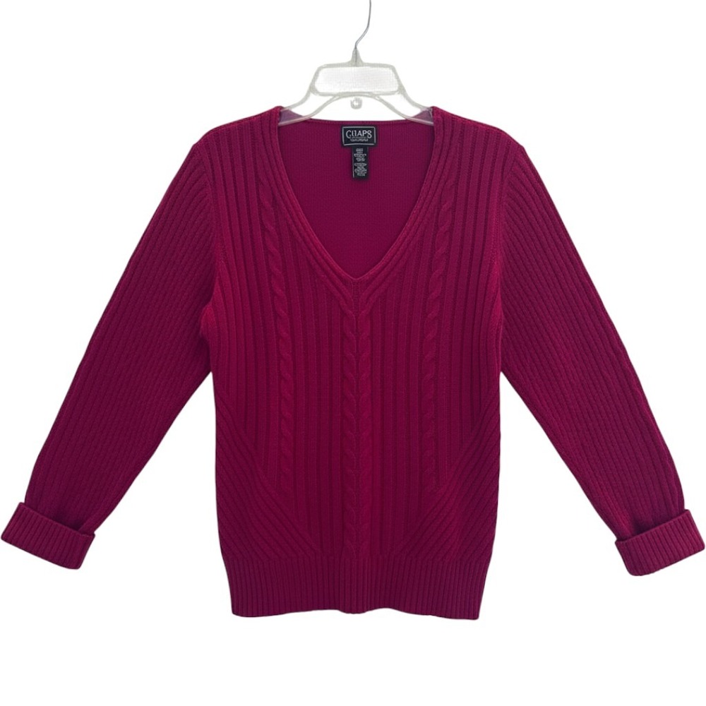 Chaps Classics Womens Bright Red Cable Knit V-Neck Sweater Size Large
